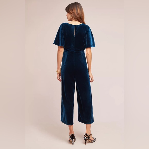 Luna Velvet Green Wide Leg Romper Jumpsuit Flutter Sleeves Anthropologie NWT - Picture 2 of 6